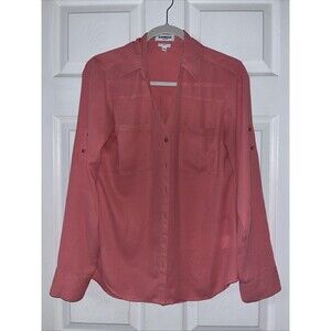 Express Portofino Slim Button Up Blouse Womens Size S Coral Sheer Roll Up Sleeve